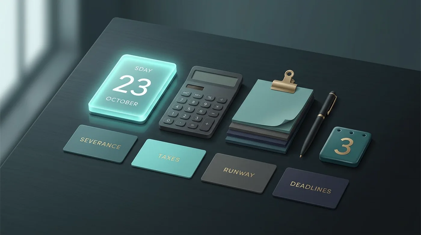 Documents and essentials gathered on a desk in the first days after leaving a job.